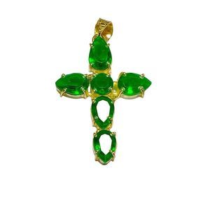 Gemstone Cross Pendant Deep Green CZ Stones Chrome Diopside Color (2.25")